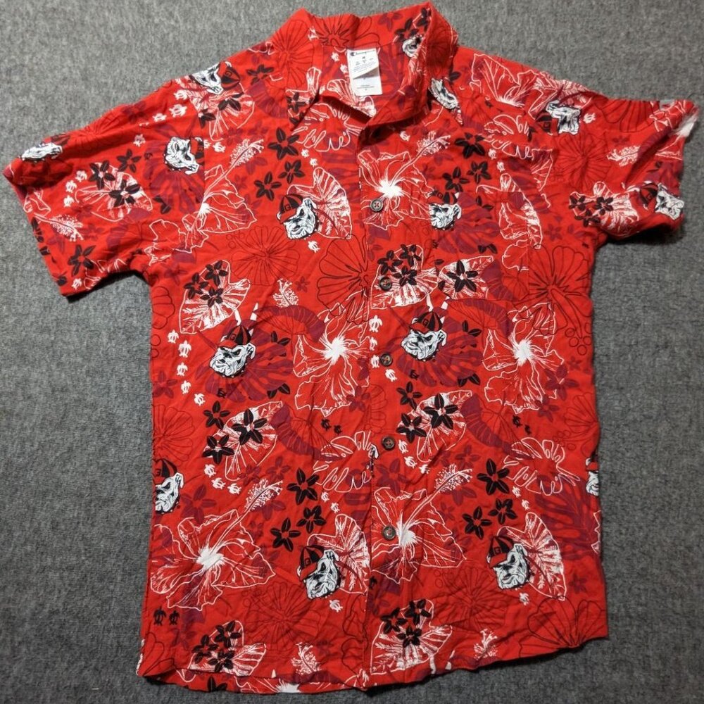Champion Georgia Bulldogs Hawaiian Shirt Men’s Size M Red NCAA Logo Button Front